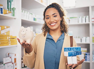 Image showing Pharmacy, piggy bank and portrait of woman with pills, medication and supplements for wellness. Healthcare, health insurance and happy female with financial savings, money and payment for medicine