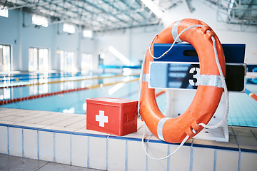 Image showing First aid, swimming pool and sports with health and medical equipment, help and safety with buoy and box for emergency. Fitness, safety with kit for protection and healthcare during water sport