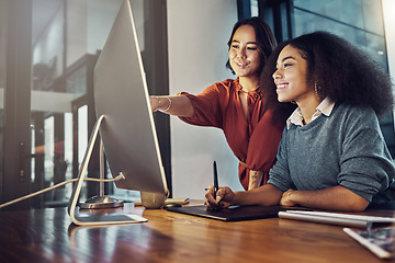 Image showing Discussion, computer and female team in the office while working on a corporate project in collaboration. Teamwork, technology and professional women employees planning a business report in workplace