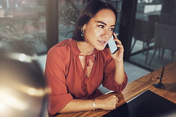 Image showing Phone call, business and mockup with woman in office for networking, communication and negotiation. Contact, technology and connection with female talking for feedback, information and conversation