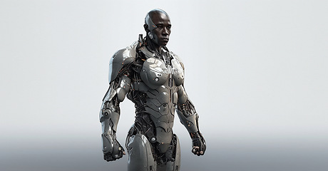 Image showing Robot, black man and future cyborg machine on isolated studio background, ai generated metal and technology abstract on mockup. Robotics, scifi and innovation of futuristic tech or sci fi engineering