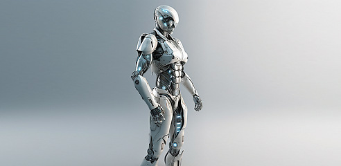 Image showing Robot, ai and cyborg isolated on studio background, robotics and technology abstract with mockup space. Computer science, humanoid and innovation with futuristic tech, alien with scifi and bionic