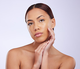 Image showing Beauty, skincare and portrait of woman in studio for natural, cosmetics and dermatology mockup. Makeup, spa and glow with female model isolated on white background for self care, facial and treatment