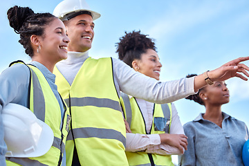 Image showing Architecture, construction and happy team in the city, pointing and looking together. Smile, teamwork and group of architects admiring their work in a town, laughing and talking about a site