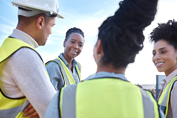 Image showing Architect, team and meeting in construction for planning, collaboration or brainstorming together on site. Group of contractor people in teamwork discussion, development or strategy for architecture