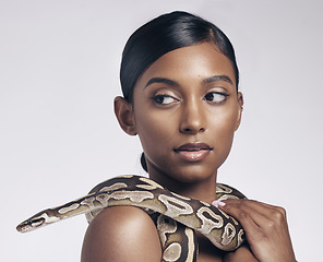 Image showing Fashion, beauty and woman in studio with snake on neck for art aesthetic with exotic zoo animal on white background. Face, danger and creative style, asian model with seductive look and dangerous pet