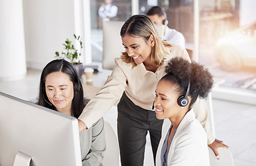 Image showing Call center, women and team manager at computer in sales office for coaching at help desk. Happy business people, telemarketing collaboration and review online solution, consulting and crm management