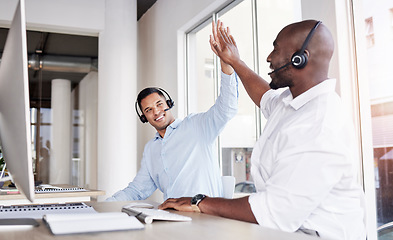 Image showing Call center, happy men and high five of teamwork, success and celebrate winning telecom deal. Motivation, telemarketing and celebration of sales target, business achievement and bonus trading goals