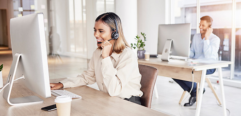 Image showing Call center, business woman and talking at computer in office, coworking sales company and customer service. Happy female telemarketing agent consulting at desktop for advisory questions, crm or help