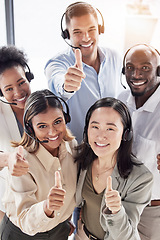 Image showing Portrait, call center and happy business people with thumbs up for achievement, success and celebrate winning goals. Diversity team, telemarketing and thumb emoji for collaboration, support and trust