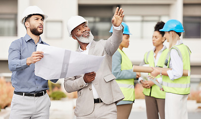 Image showing Planning, architecture and blueprint with people on construction site for engineering. project management and design. Teamwork, floor plan and building with contractors for maintenance and idea