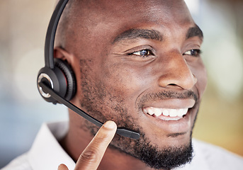 Image showing Call center, black man and face talking in office, customer service and sales consulting. Telemarketing, happy male consultant and telecom agent for faq questions, business advisory and crm support