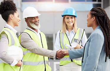 Image showing Handshake, architecture and collaboration with people on construction site for planning, engineering and deal. Designer, building and contract with contractors for teamwork, welcome and industry