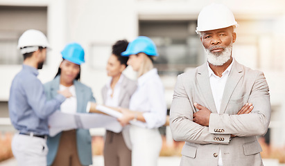 Image showing Architecture, engineer and portrait of senior black man with team for building, construction site and planning. Engineering, leadership and serious male contractor for property development inspection