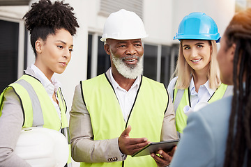 Image showing Teamwork, architecture and tablet with people on construction site for planning, project and engineering. Building, technology and collaboration with contractors for designer, our vision and goals