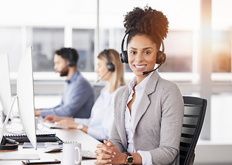 Image showing Happy, portrait and woman call center agent working on online consultation in the office. Crm, smile and African female customer service, telemarketing or sales consultant with headset in workplace.