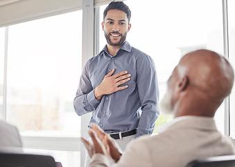 Image showing Meeting, applause and business man with smile at proposal, project presentation for growth and development. Success, investment pitch and ideas in office with boss for winning goals in startup office