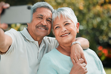 Image showing Happy, love and a senior couple with a selfie for a memory, social media or profile picture. Smile, affection and an elderly man taking a photo with a woman for memories, friendship or happiness
