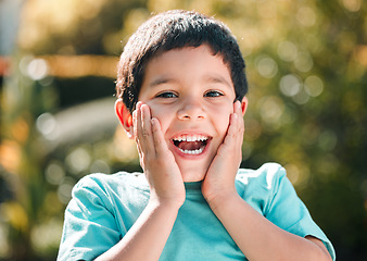 Image showing Portrait, smile and boy outdoor, surprise and excited with facial expression, carefree and wow. Face, male child and kid with shock, happiness and cheerful in nature, enjoying childhood life and fun