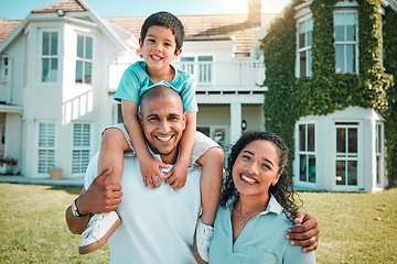 Image showing Mother, father and child outdoor as family in backyard of house with a smile, love and care. Man, woman and boy kid with parents for portrait, security and quality time insurer with happiness