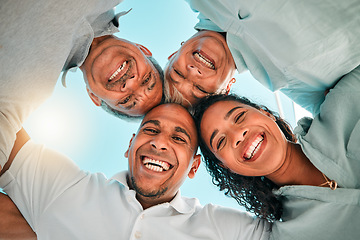 Image showing Happy, smile and huddle with portrait of family from bottom for community, support and bonding. Vacation, care and happiness with group of people in circle for trust, summer and holiday together
