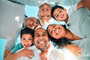 Image showing Faces, love and portrait of a happy family smile feeling excited and bonding outdoors on holiday or vacation. Mother, father and grandparents with children or kids with happiness from below