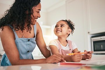 Image showing Home school, education and mother and child happy in a kitchen for homework, writing and studying in their home. Remote, learning and girl with mom smile, bond and excited for educational activity