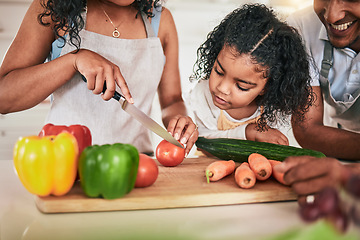 Image showing Family, cutting vegetables and cooking together, learning chef skill with parents and child in kitchen. Nutrition, healthy food and organic with people teaching and learn to cook at home with bonding