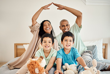 Image showing Family home, bedroom and portrait of parents and children bonding on a bed in a house and playing together. Care, mother and father happy and excited with kids in the morning as love and care