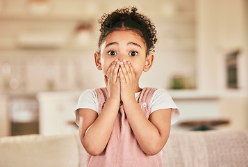 Image showing Wow, surprise and shocked with portrait of child in living room for announcement, notification and alarm. News, omg and gossip with young girl cover face at home for excited, amazing and reaction