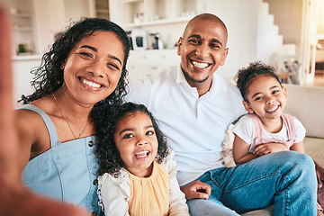 Image showing Happy family, portrait and smile for selfie, photo or profile picture on a sofa in their home. Love, face and photograph pf children with parents in a living room, excited and bonding on the weekend