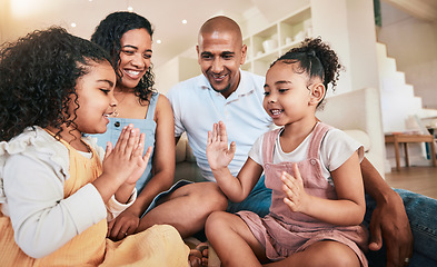 Image showing Happy family, hands and game by children playing, smile and having fun in a living room. Games, kids and parents bonding in their home, cheerful and relaxing indoors, smiling and enjoying childhood