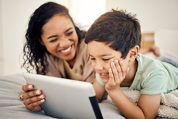 Image showing Family, mother and son on bed, tablet and happiness with joy, streaming movies and funny videos. Parent, mama and happy male child with device, cheerful and online reading in bedroom, smile and relax