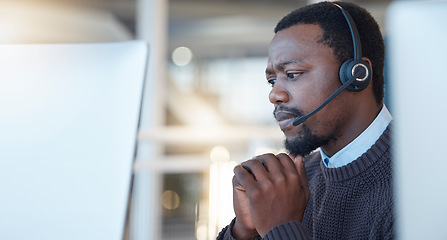 Image showing Stress, call center and black man customer service agent with worry, frustration or burnout in office. Nervous, confused and African male telemarketing consultant working on consultation in workplace