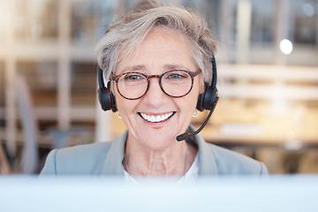 Image showing Telemarketing, consultant and senior woman with smile, customer service and call center in workplace. Mature female employee, entrepreneur and agent with headset, happiness and tech support in office