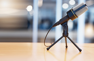 Image showing Broadcast, podcast and radio with microphone in office for live streaming, recording and interview mockup. Technology, network and news with equipment in studio for communication, media and audio