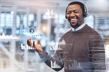 Image showing Happy, digital and portrait of a black man at a call center for telemarketing analysis at work. Smile, overlay and an African customer service agent working on stats, data and results on a screen