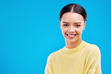 Image showing Happy, mockup and portrait of woman in studio for fashion, beauty and natural makeup. Elegant, style and happiness with face of female isolated on blue background for glow, cosmetics and satisfaction