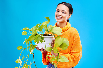 Image showing Portrait of woman on blue background with plant, smile and happiness with house plants in studio. Gardening, sustainable and green hobby for happy gen z girl on mockup for eco friendly garden shop.