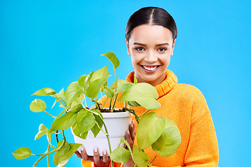 Image showing Portrait of woman with green plant, smile and happiness for house plants on blue background. Gardening, sustainable and hobby for happy face, gen z or girl on mock up for eco friendly garden shop.