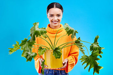 Image showing Portrait of happy woman on blue background with plant, smile and happiness with house plants in studio. Gardening, sustainable or green hobby for gen z girl on mockup for eco friendly garden shop.