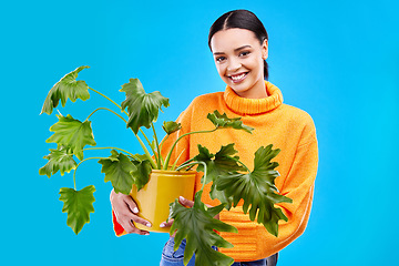 Image showing Sustainability, portrait and happy woman in studio with plant, smile and house plants on blue background. Gardening, sustainable and green hobby for gen z girl on mock up and eco friendly backdrop.