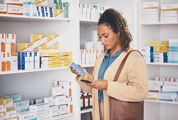 Image showing Pharmacy, medication and woman customer shopping for healthcare products or drugs in a drugstore. Dispensary, medical and female doing research with a phone on medicine in retail pharmaceutical shop.