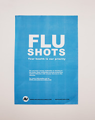 Image showing Healthcare background, vaccine and flu shot poster on wall in clinic, hospital and medical pharmacy. Sign, information and advertising vaccination for influenza, immunity and treatment for protection