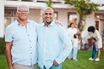 Image showing Man, senior father and portrait on lawn with hug, smile and happiness at family home for reunion. Latino men, happy and together outdoor with excited face in summer on grass in garden with bonding