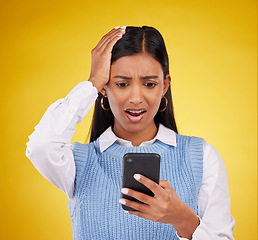 Image showing Problem, bad news and a woman with a notification on a phone isolated on a studio background. Sad, glitch and an indian girl reading a message on a mobile app with shock and surprise on a backdrop