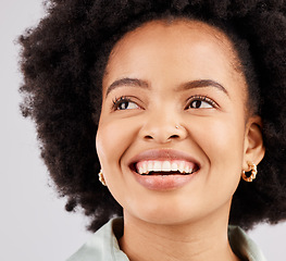 Image showing Smile, thinking and woman with ideas, decision and opportunity against a white studio background. Female model, ponder and person with happiness, thoughts and wonder with mindset, future and fantasy