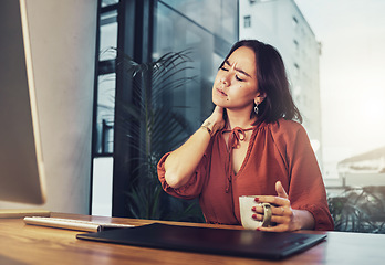 Image showing Neck pain, business office and woman with injury strain risk, medical emergency or anatomy accident crisis. Burnout problem, stress and corporate person, graphic designer or agent massage hurt muscle