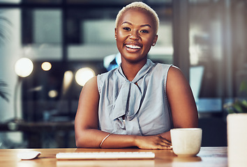 Image showing Smile, corporate and portrait of businesswoman feeling happy, confident and excited in an office working for a startup company. Employee, worker and black woman entrepreneur at a administration desk