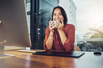 Image showing Portrait, business and woman with a smile, coffee and ideas for startup, online reading and success. Face, female employee and entrepreneur with tea, relax and happiness for company and new project